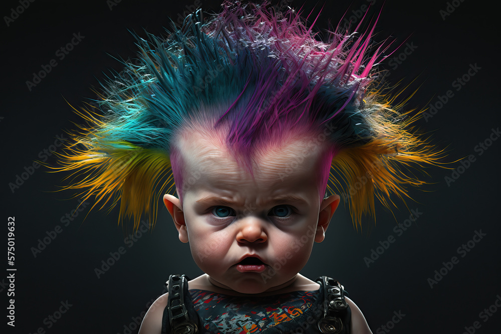 Punk baby with colorful hair, dressed in rocker outfit in dark room with copy space, generative AI Punk baby with colorful hair, dressed in rocker outfit in dark room with copy space, generative AI