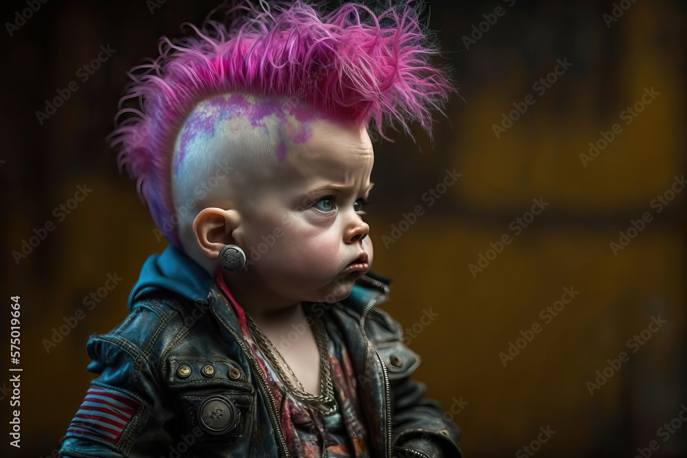 Punk baby profile with pink hair, dressed in rocker outfit  with copy space, generative AI