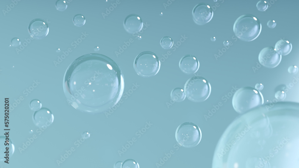 Oxygen or air bubbles in a liquid or gel. a molecule or oil droplet in a clear liquid. Hyaluronic acid is similar to round, blue, floating bubbles. 3D rendering