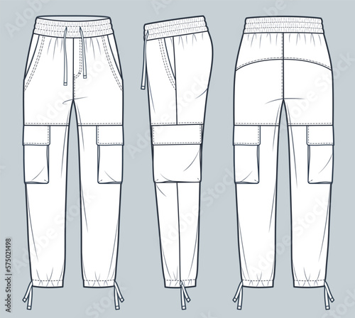 Jogger Pants fashion flat technical drawing template. Sport Sweat Pants technical fashion Illustration, side pocket, elastic waistband, front, side and back view, white, women, men, unisex CAD mockup.