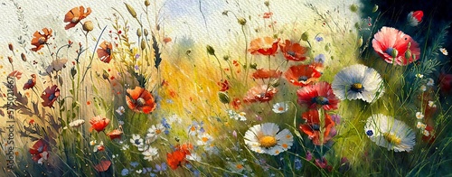 Watercolor paintings landscape, artwork, fine art, field of poppies and flowers, panoramic