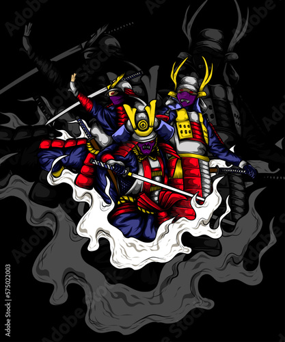 illustration design of three scary masked samurai knights