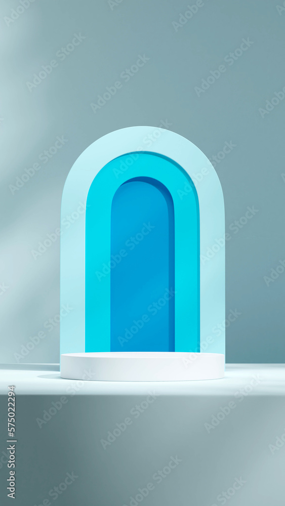 blue gradient arch backdrop, 3d image render blank mockup white cylinder podium in portrait blue gradient arch backdrop, 3d image render blank mockup white cylinder podium in portrait