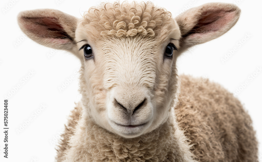 Cute Easter Lamb looking at the camera, Studio shot,  isolated on white background, copy space, Shallow depth of field. Generative AI.