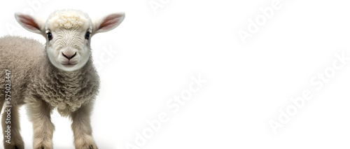 Cute Easter Lamb looking at the camera, Studio shot,  isolated on white background, copy space, Shallow depth of field. Generative AI. © henjon