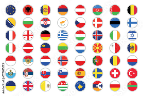 Set Of All Europe Flags Circles Shine And Shadow