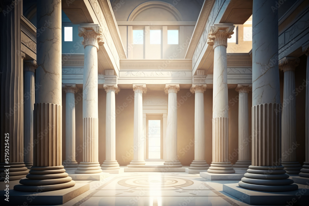 An empty room with columns and sunlight coming through the windows. Generative AI.
