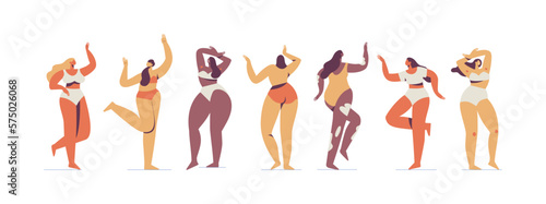 Body positive illustration of diffrent body types. Woman in underwear silhouette. Attractive women posing flat vector set.