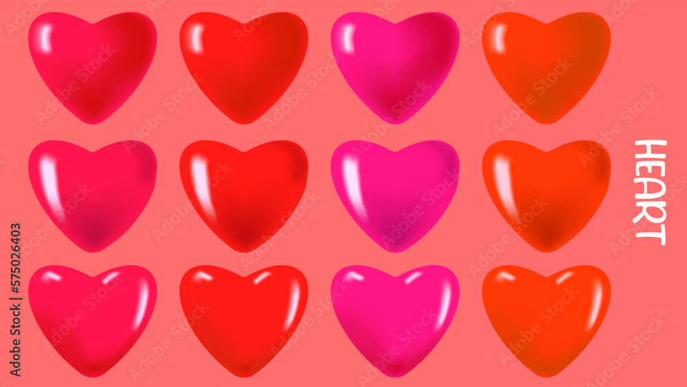 Set of hearts icon on pink background.