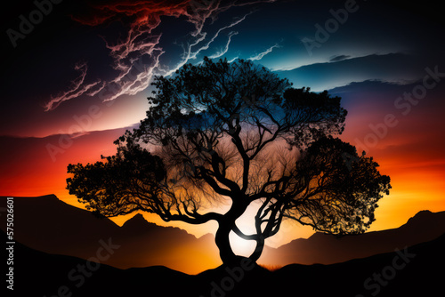 The silhouette of tree against colorful sunset. Generative AI.