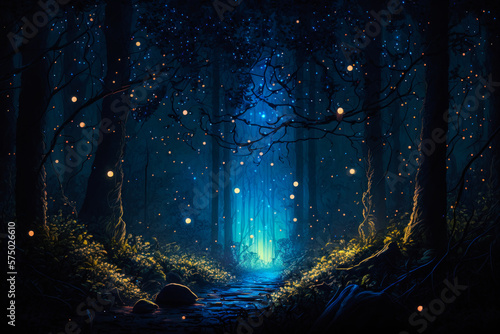 Dark forest with fireflies in it. Generative AI.