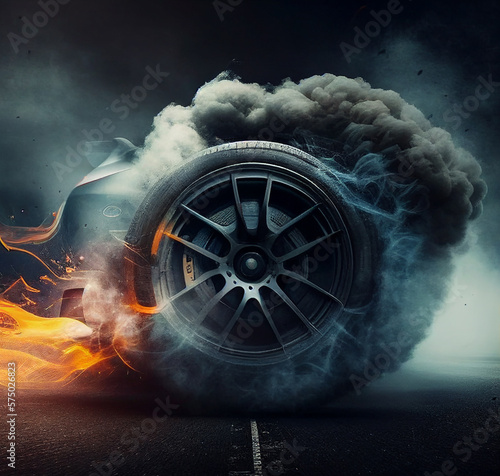 Drifting and fire smoking sport car tire, AI digital illustration