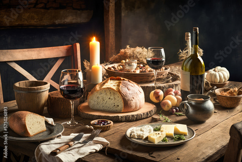Table set with bread, cheese, wine and candles. Generative AI.