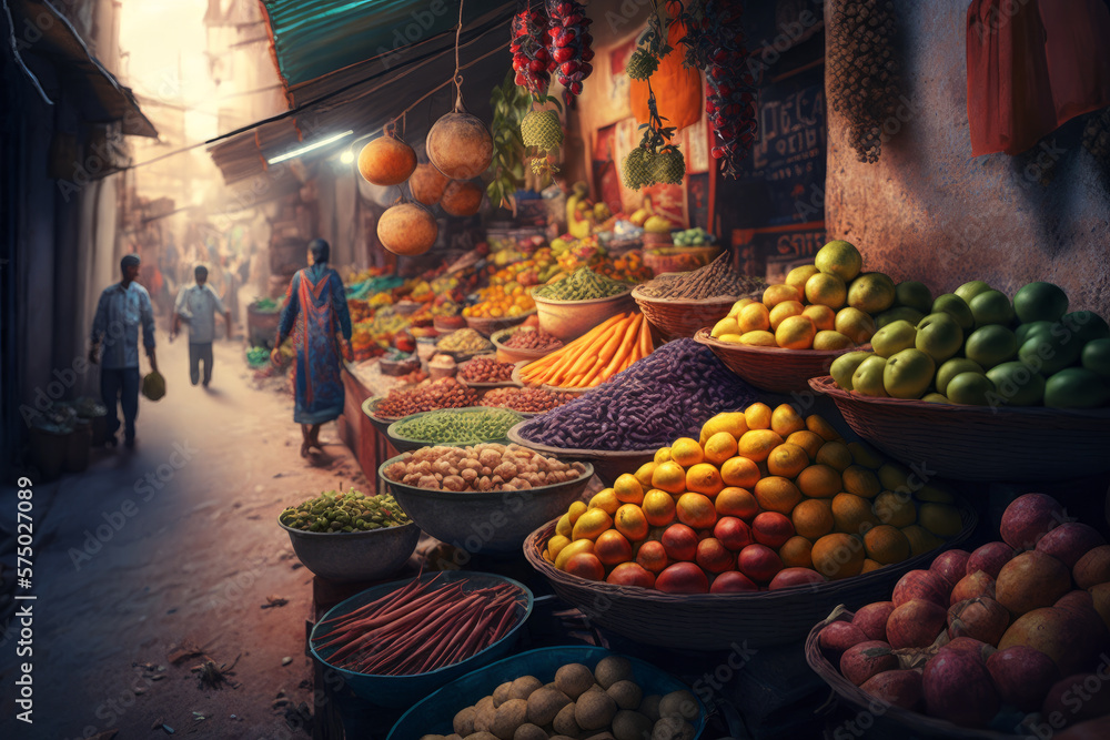 An image of fruits and vegetables in market. Generative AI.