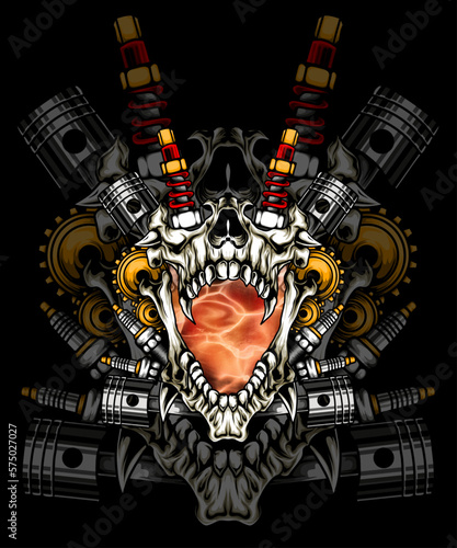 scary skeleton head illustration design with vehicle spare part backroud