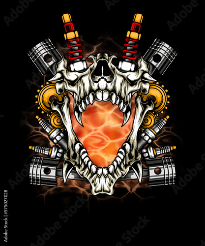 scary skeleton head illustration design with vehicle spare part backroud