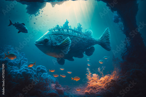An underwater scene with fish and large fish. Generative AI.