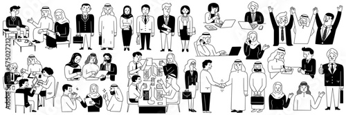 Cute character doodle illustration of many different businesspeople in various poses and activities. Multicultural concept, Arabian, african, asian, caucasian, sikhs, indian. Black and white ink draw