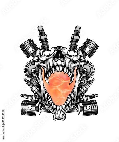 scary skeleton head illustration design with vehicle spare part backroud