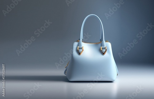 Beautiful trendy smooth youth women's handbag in gentle blue color on a light blue studio background. AI generated. photo