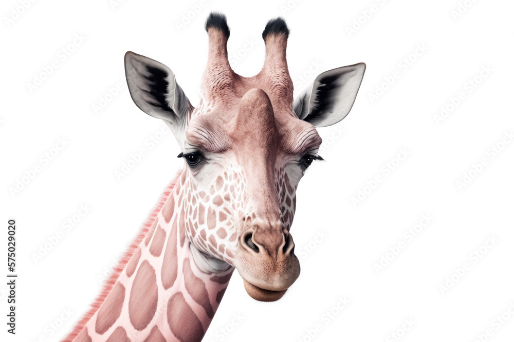 Obraz premium Cute pink giraffe head isolated on white background. Generative AI