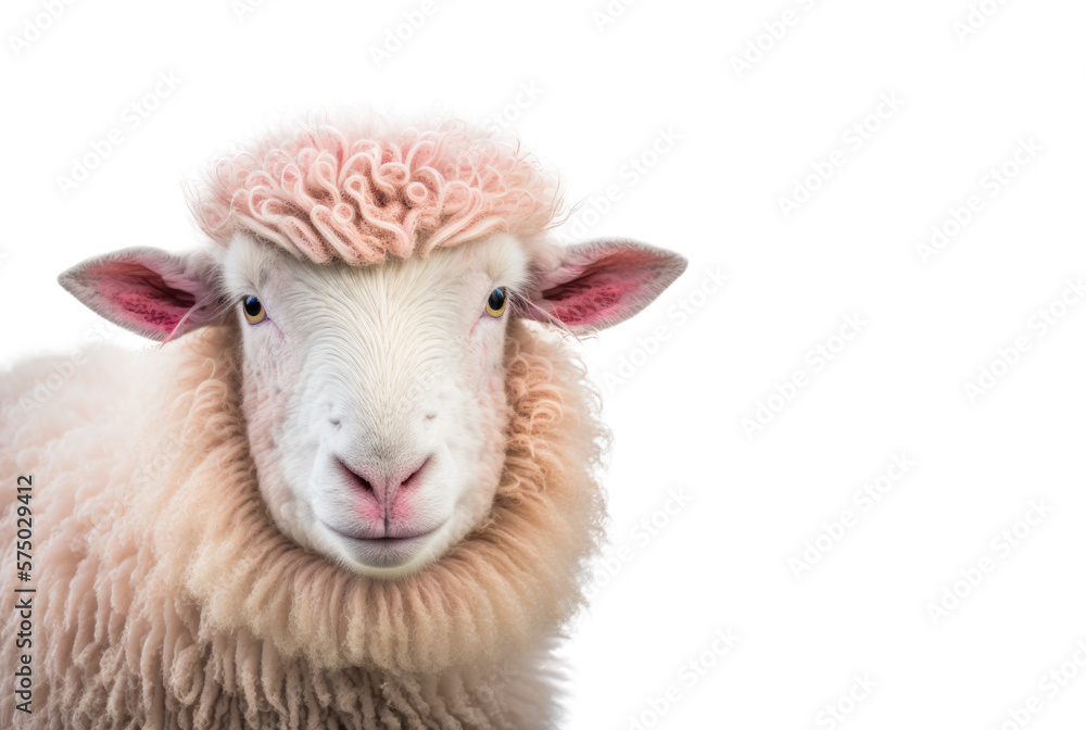 Fototapeta premium Cute pink sheep head isolated on white background. Generative AI