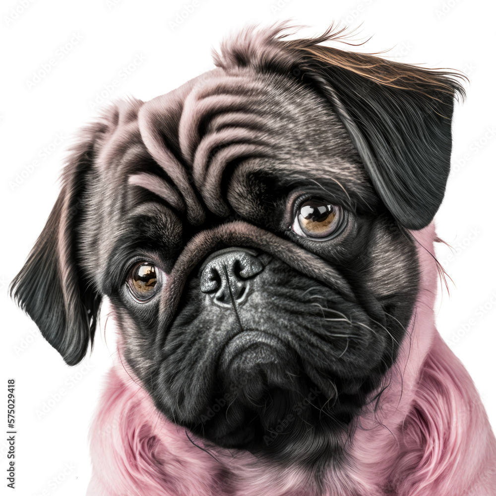 Cute pink pug head isolated on white background. Generative AI