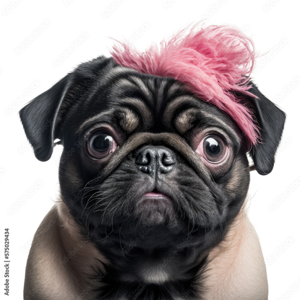 Cute pink pug head isolated on white background. Generative AI