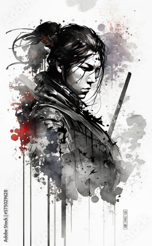 Sumi-e portrait of a female samurai - generative ai