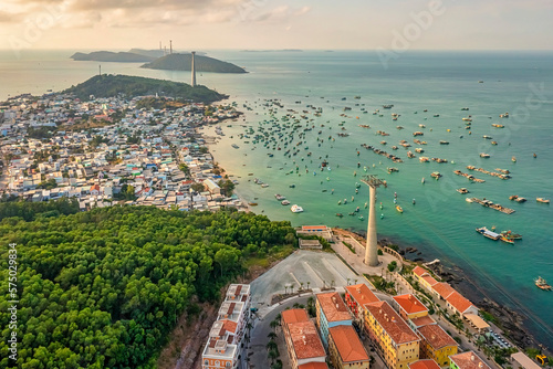 Aerial view of The Longest Cable Car situated on the Phu Quoc Island in South...
