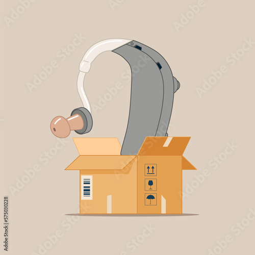 Hearing aid inside cardboard box, delivery concept. Modern vector illustration in flat style.