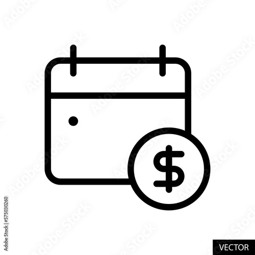 Calendar with usd american dollar sign, payment due date, financial event, pay day vector icon in line style design for website, app, UI, isolated on white background. Editable stroke. Vector file.