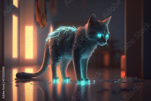 Beautiful kitten with a neon element. neon light on the animal. generative ai  © AndErsoN