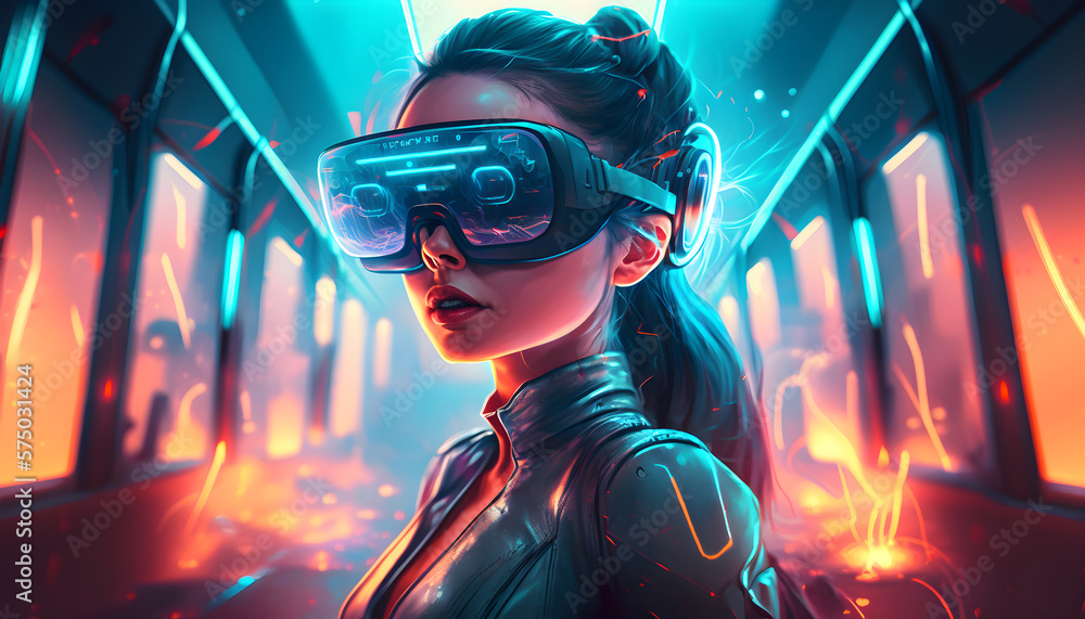 a woman wearing VR glasses in a futuristic room by Ser a woman wearing VR glasses in a futuristic room by Ser