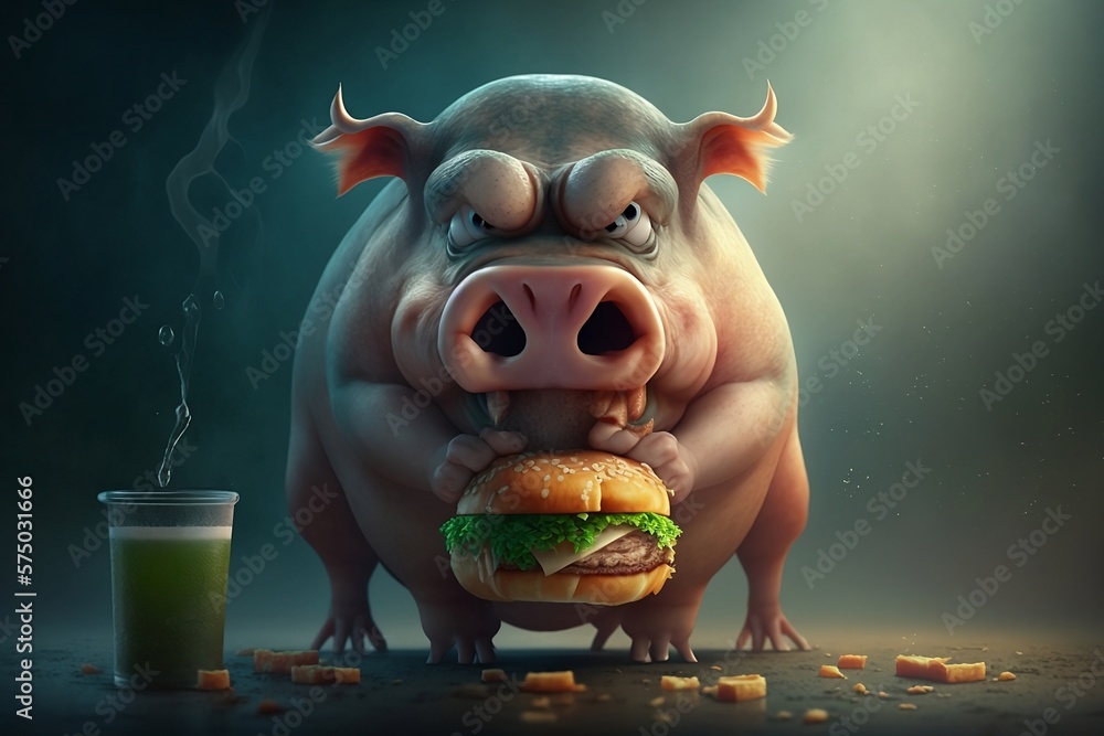 Bitch If You Want A Burger Eat A Burger pig eating a juicy burger, hamburger with pig, space for text