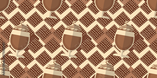 Glass of coffee and background with polka dots. Print for design, packaging, notebooks, pillows.