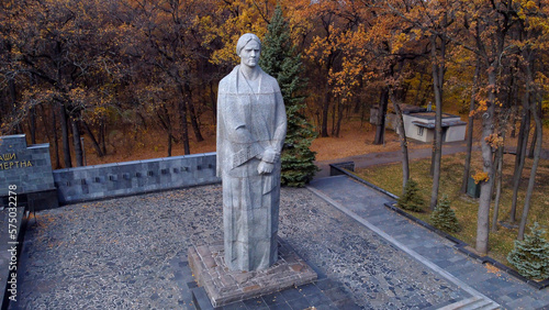 Memorial of Glory in the autumn forest park of the city of Kharkov from a bird's eye view, before the war