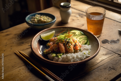 japanese food, salmon with rice on a wooden table.Image generated by AI