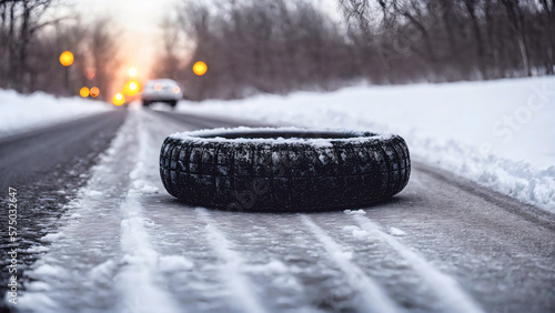 car tire laying on long frozen asphalt road in winter green car and bokeh lights in distant background, generative AI © Jenar