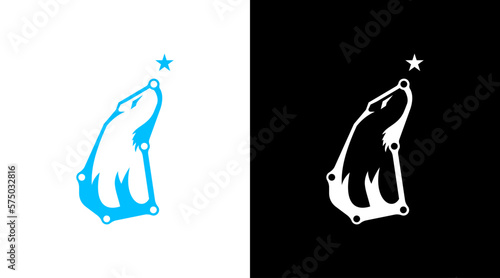 Polar bear logo and north pole star design vector monogram icon template