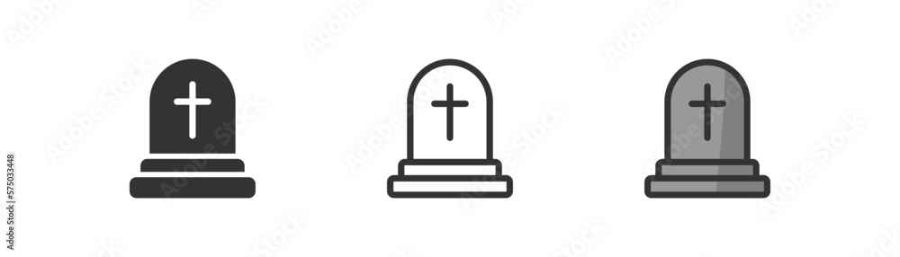 Headstone icon on light background. RIP symbol. Death, halloween, cross, tombstone, gravestone, graveyard. Outline, flat and colored style. Flat design. Vector illustration.