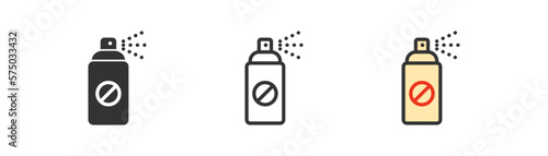 Mosquito spray icon on light background. Anti-insect aerosol symbol. Forbidden, pesticide, bite, fly,  mosquito repellent spray cans. Outline, flat and colored style. Flat design. Vector illustration.