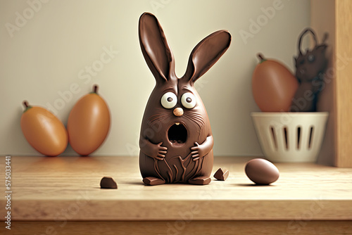 Erschrockener und lustiger Schoko Osterhase auf einem Tisch, Schokolade, Generative AI
