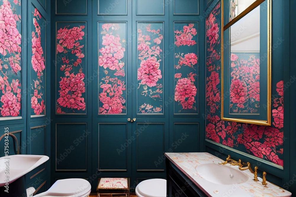 Cozy Beautiful Chinoiserie-Inspired Powder Room with Floral Wallpaper ...