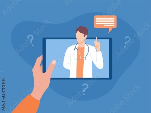 Hand holding tablet with doctor on screen. Medical consultation online. Vector illustration in flat style