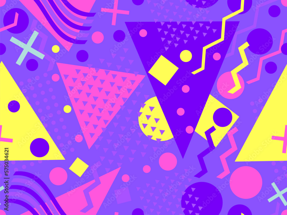 Memphis seamless pattern with geometric shapes in 80s style. Colorful geometric pattern. Design of promotional products, wrapping paper and printing. Vector illustration