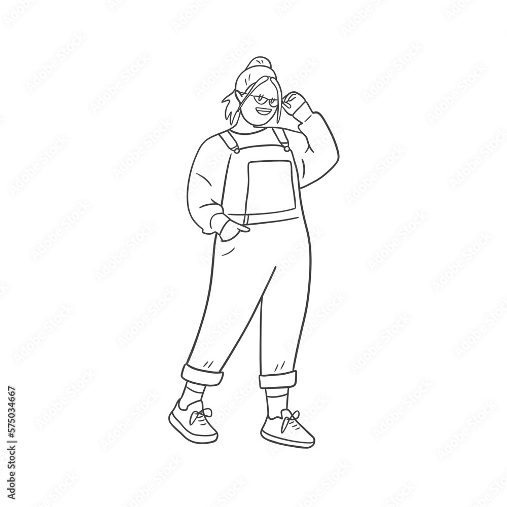 Minimal smiling positive casual girl in glasses wears overalls t-shirt sneakers stands. Isolated on white backdrop