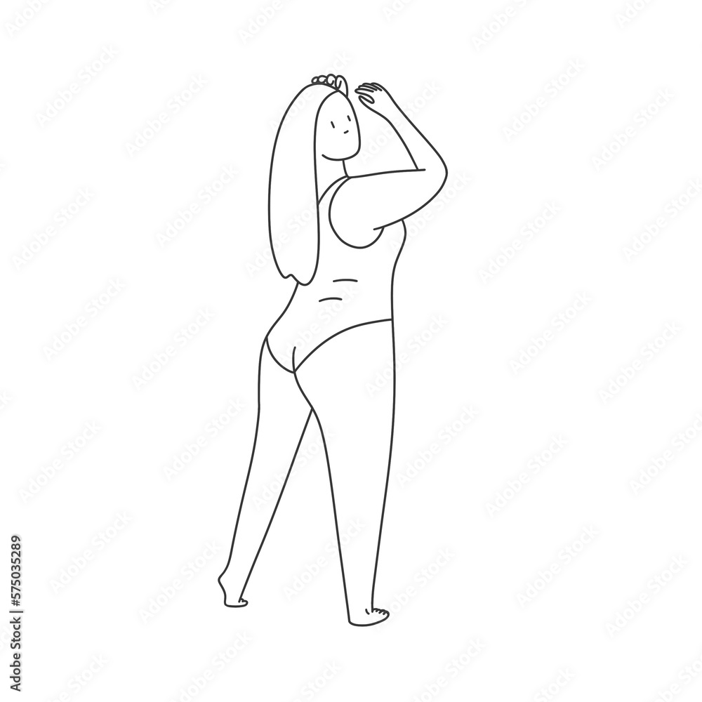A girl with long hair stands half-turned in a bodysuit. Line Style A girl with long hair stands half-turned in a bodysuit. Line Style