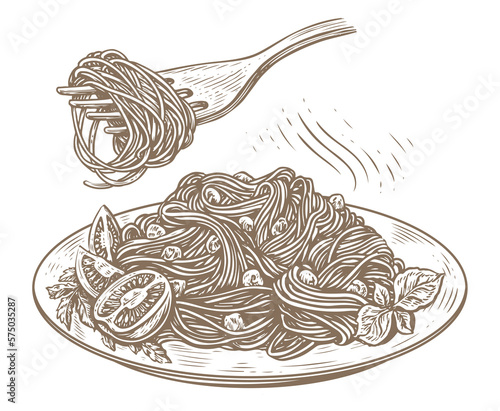 Pasta with olives and parsley, fork with just spaghetti around. Italian food sketch. Hand drawn vector illustration