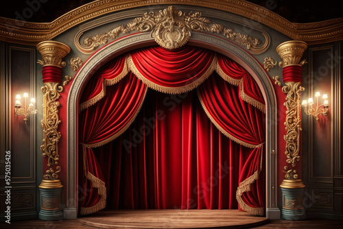 Theater stage with red curtain and gold trim. Generative AI.